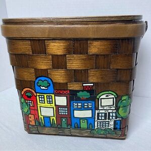 Vintage Caro Nan Wood Woven Basket Purse w/Painted Town City 60-70's Signed